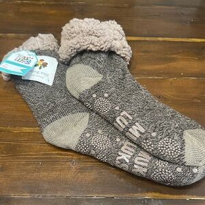 Muk Luks Knit Sherpa Cuff Socks in Taupe and Cream